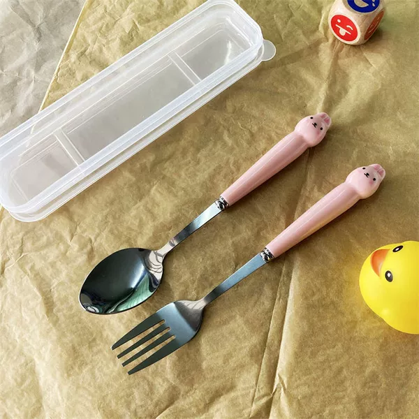 Transparent box+pink rabbit pointed spoon fork