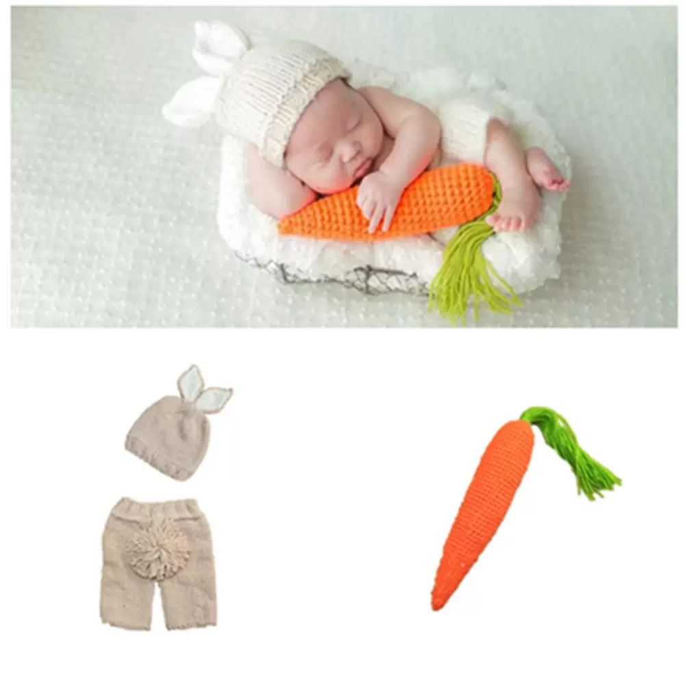 跨境兔子儿童摄影服装套装钩针毛线编织棒针帽子裤子童装