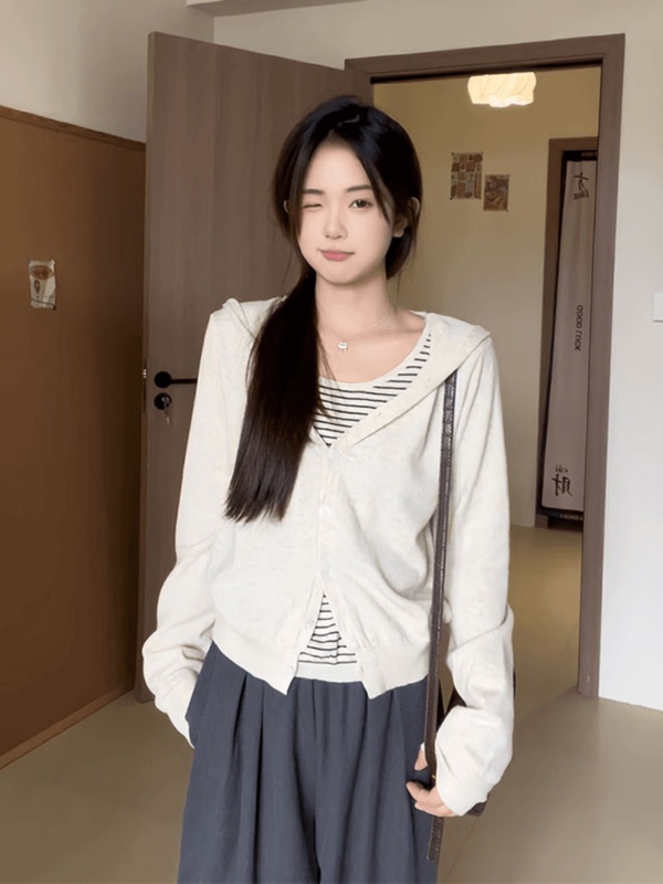 假两件长袖针织衫撞色条纹连帽女2025早秋新款设计感叠穿毛衣上衣|undefined