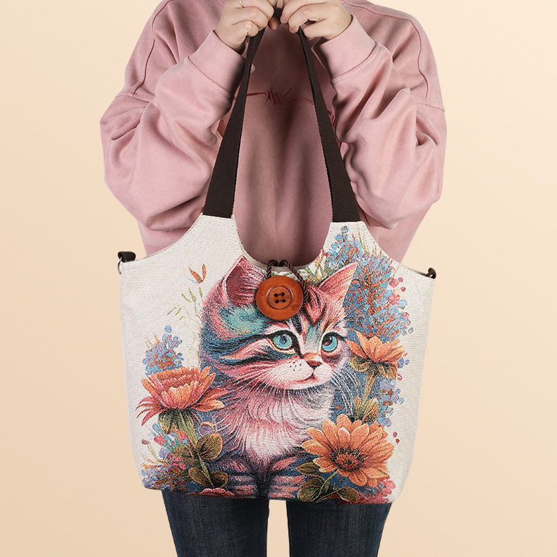 民族风大象单肩包双面刺绣提花帆布包精致木扣时尚旅游斜挎包批发