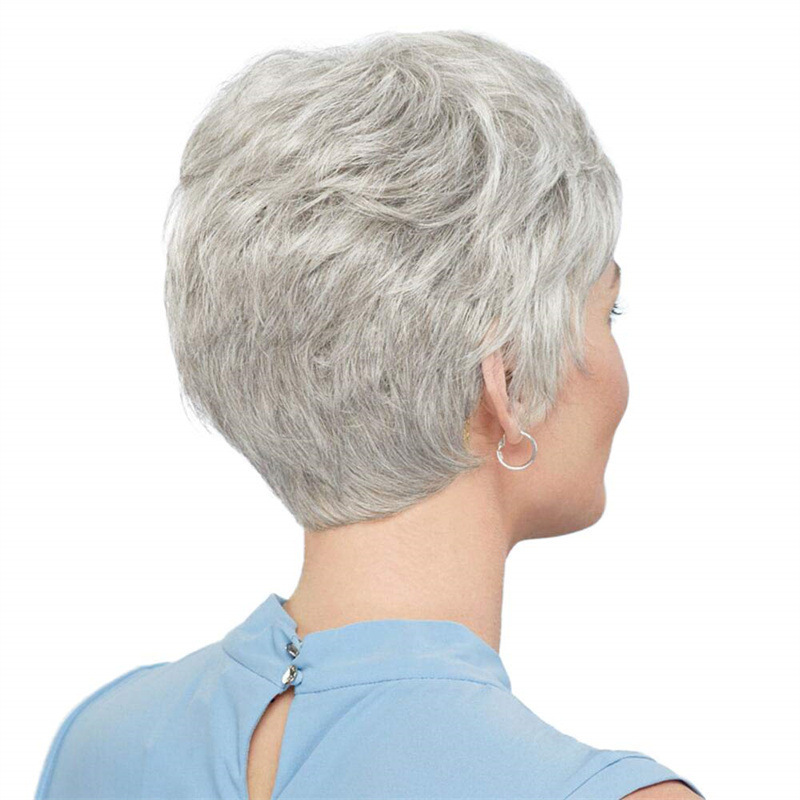 Overseas TikTok Hot Wig Women's Grandma Grey Side Short Straight Hair Middle-aged and Elderly Breathable Wig Full Head Cover Wholesale