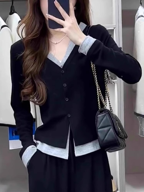 哥家商场同款女装2025秋季假两件V领长袖T恤女打底衫显瘦针织开衫|undefined