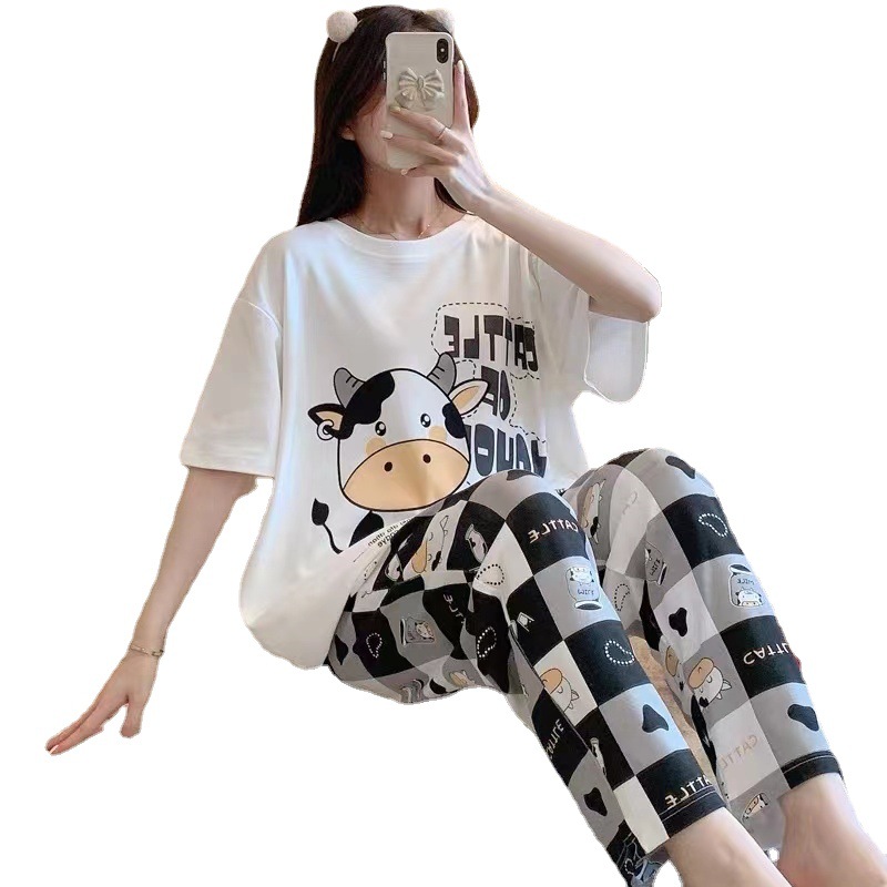 Pijamas para mujer, conjunto de verano de manga corta y pantalón largo para estar en casa, novedad 2025, primavera y otoño, estilo dibujos animados, estilo estudiantil, corte holgado.