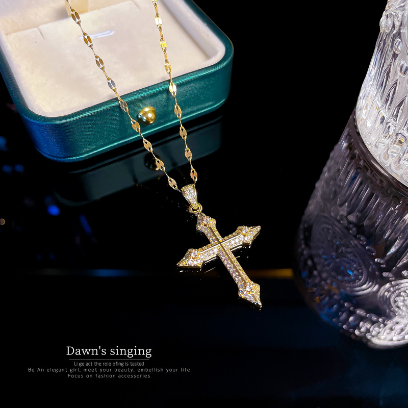 Fashion Cross Snake Titanium Steel Inlay Zircon Pendant Necklace 1 Piece