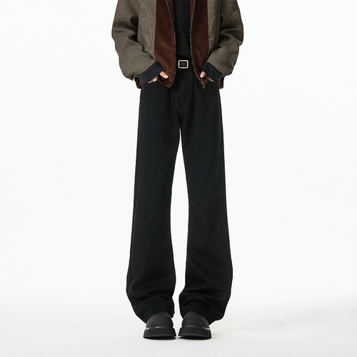 Four Seasons American Style Slimming and Tall Black Curved Knife Jeans for Men Cleanfit Wide-Leg Straight Tube Pants