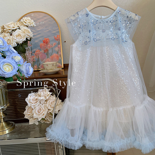 Girls Dress 24 Summer New Ice Blue French Large Lapel Sequined Mesh Skirt Birthday Dress Princess Dress