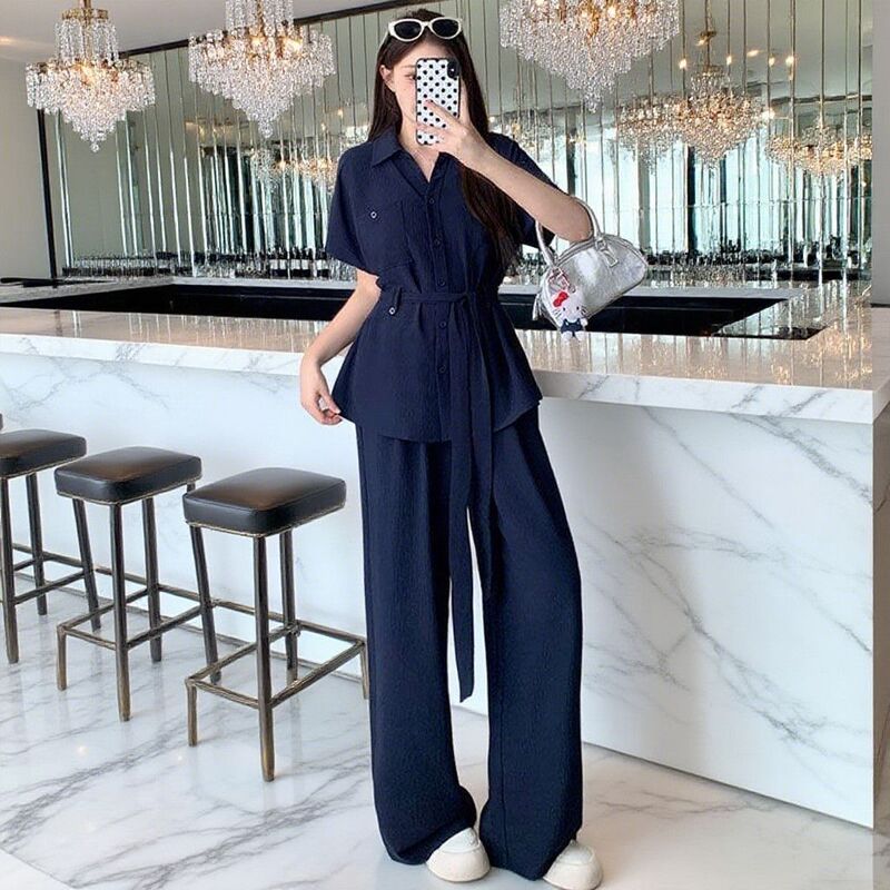 Plus-Size Women's Summer New Style Tie-Waist Shirt Top and Wide-Leg Pants Fashion Set, Stylish and Versatile Two-Piece Outfit for Outerwear