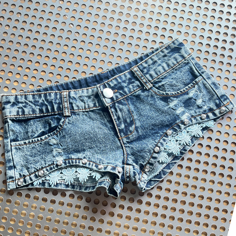 Sexy Slim Denim Shorts Bright Diamond Lace Ultra Low Waist Hot Pants Night Shop Pole Dance Y2K Hot Girl Women's Pants for Hair