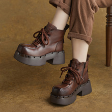 方头短靴2025真皮厚底短靴侧拉链厚底系带马丁靴坡跟子加厚防水台