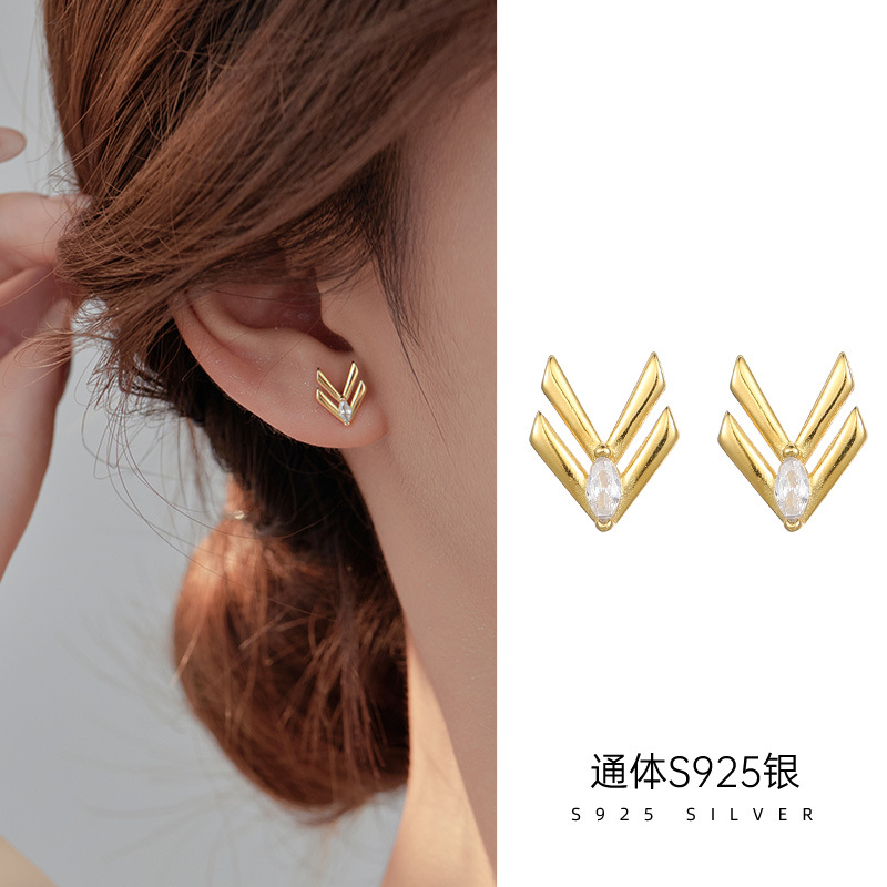 新款925純銀V型鑲鑽耳釘韓版氣質百搭耳環女耳飾小眾配飾批發
