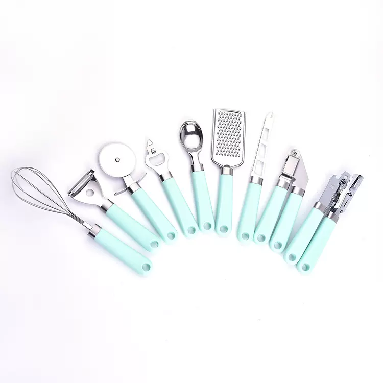 创意塑料手柄不锈钢厨房小工具9件套 实用压蒜器芝士刨打蛋器收纳