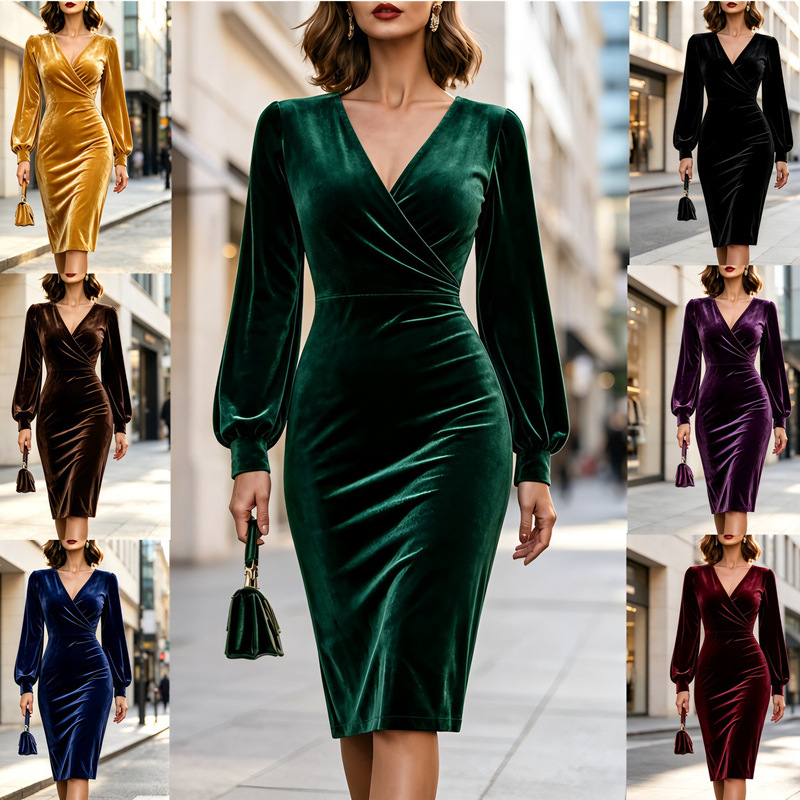 Amazon Cross-Border Autumn and Winter Hot-Selling V-Neck Elegant Long-Sleeve Bodycon Dress Evening Gown Dropshipping Amazon Cross-Border Autumn and Winter Hot-Selling V-Neck Elegant Long-Sleeve Bodycon Dress Evening Gown Dropshipping