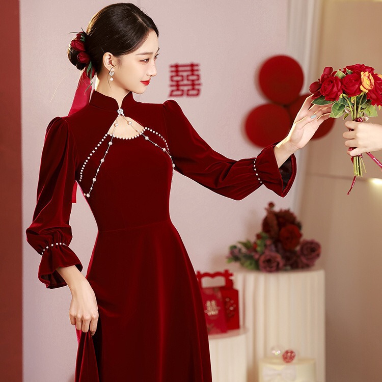 Bride's Dress for Toasting, Qipao, Autumn and Winter 2026 New Engagement Dress, Winter Red Wedding Dress, Winter Long-Sleeve Bride's Dress for Toasting, Qipao, Autumn and Winter 2026 New Engagement Dress, Winter Red Wedding Dress, Winter Long-Sleeve