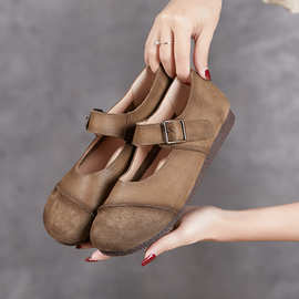 shoes铂帝思新款头层牛皮女鞋子圆头搭扣软底不累脚休闲女鞋百搭