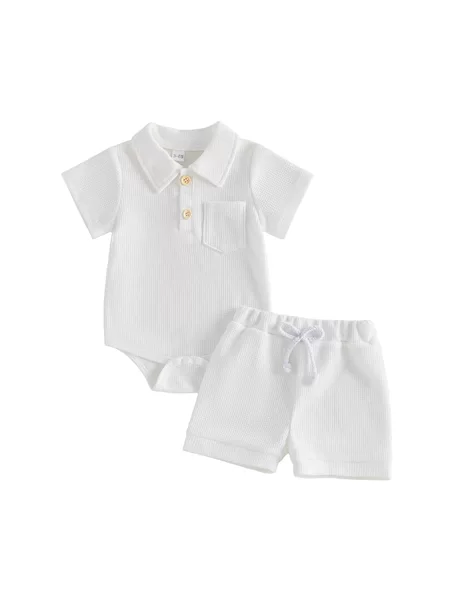 Boys' Waffle Lapel Romper Shorts Set