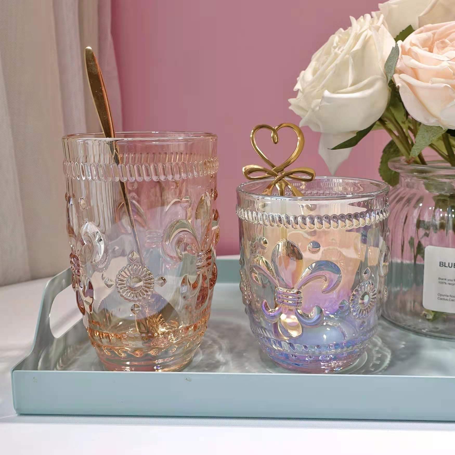 Exquisite Rainbow Amber Iris Engraved Crystal Thick Girly Heart Water Cup Dessert Juice Home Glass Cup