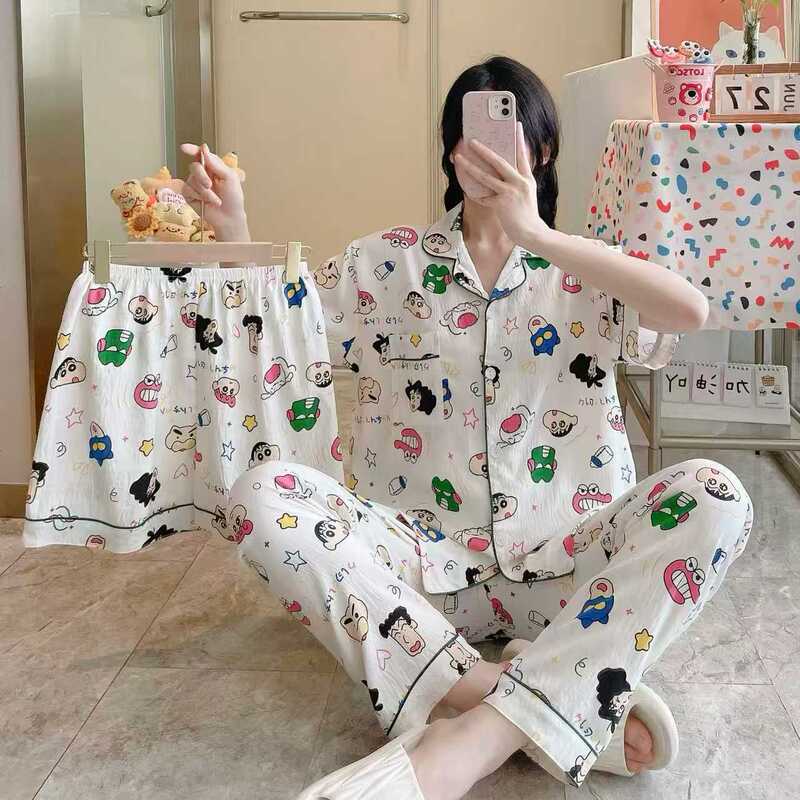 New Style Pleated Cloud Cotton Pajamas for Girls, Three-Piece Set, Spring and Summer Printed Lapel Cute Home Wear Set, Cartoon New Style Pleated Cloud Cotton Pajamas for Girls, Three-Piece Set, Spring and Summer Printed Lapel Cute Home Wear Set, Cartoon