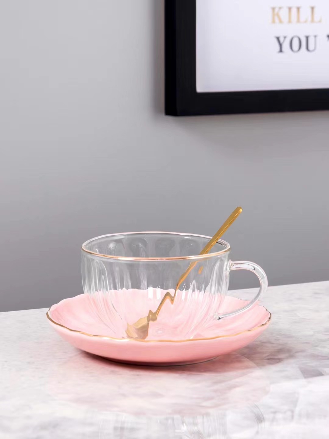 Estilo nórdico simple personalizada taza de café de cristal con platillo cuchara taza de regalo té de la tarde taza de la Oficina
