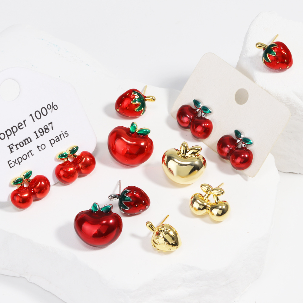 8g Weight Copper Ear Needle Material Ear Studs Classification 1 Pair Quantity Holiday, Daily Occasion Copper Material Cherry, Apple, Strawberry Pattern All Seasons Season Women's Gender Enamel Design Cute Style 1 Pair Cute Cherry Apple Strawberry Enamel Copper Ear Studs 9