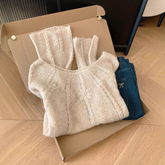杏色镂空立体刺绣长袖针织衫女2025新款韩系氛围感早秋穿搭小上衣