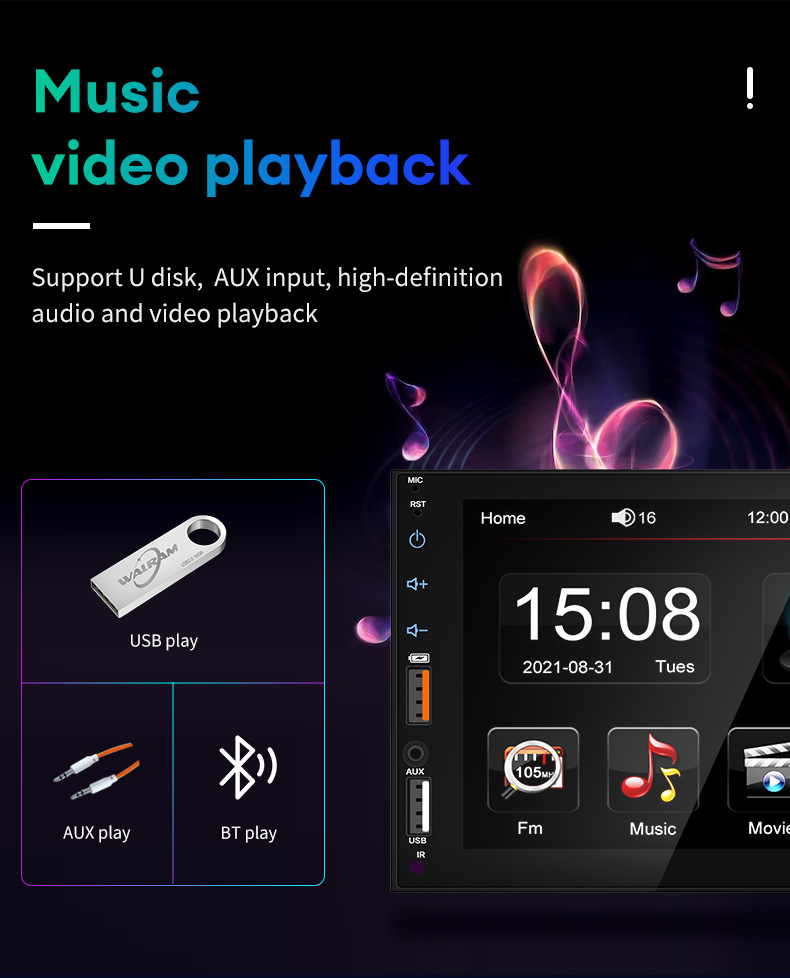 7101 Car Mp5 Bluetooth Player with High-Definition Touch Screen, Reversing Image, Fm Radio, Dual USB Ports