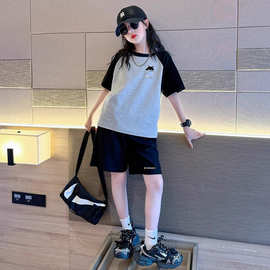 女童装新款夏季纯棉拼接撞色短袖套装中大儿童时尚女孩夏装两件套