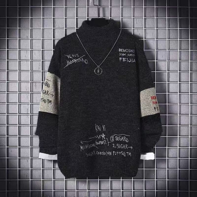 Winter red bean Korean-style autumn/winter black thickened sweater, trendy round-neck, versatile men's loose-fit knit sweater