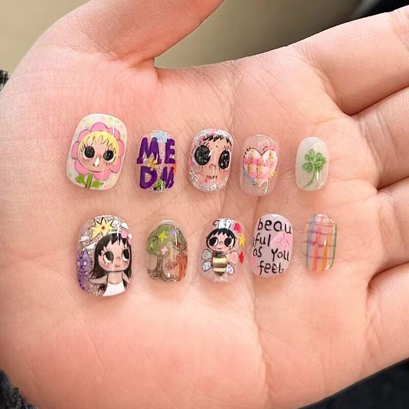 Childlike hand-drawn cartoon wearable nails, cute girl graffiti illustrations, beautiful fake nail patches, direct wholesale from cross-border factory Childlike hand-drawn cartoon wearable nails, cute girl graffiti illustrations, beautiful fake nail patches, direct wholesale from cross-border factory