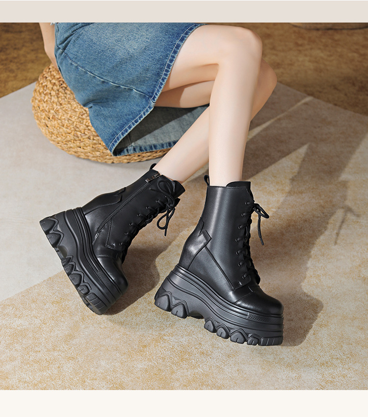 Boot nữ da thật đế dày tăng chiều cao 12 cm dây buộc cổ thấp — Đen lót nhung chi tiết 6