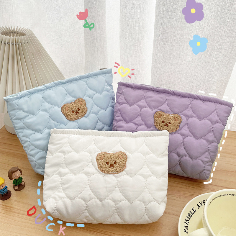 Cute Bear Storage Bag, Heart Quilted Cotton Cosmetic Bag, Coin Purse, Female Student Multifunctional Storage Bag, Clutch Bag