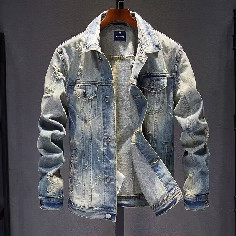 2026 Spring and Autumn Vibe American-Style Design Ripped Biker Denim Jacket Armor-Style Unisex Couple's Trendy Workwear