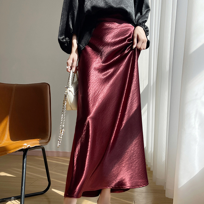 婦人服夏高級感シルク光沢感のある金高腰a字包尻魚尾スカート三酢酸サテン半身スカート|undefined