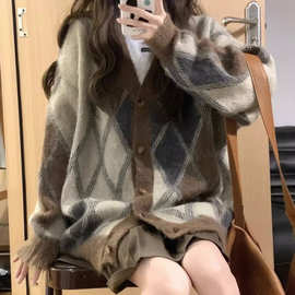 菱格领针织开衫外套女春冬新款日系复古慵懒马海毛毛衣