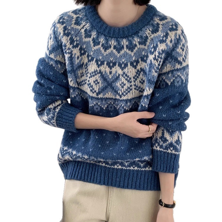 复古费尔岛提花毛衣女秋冬氛围感针织衫套头毛衣春秋季慵懒风加厚|undefined