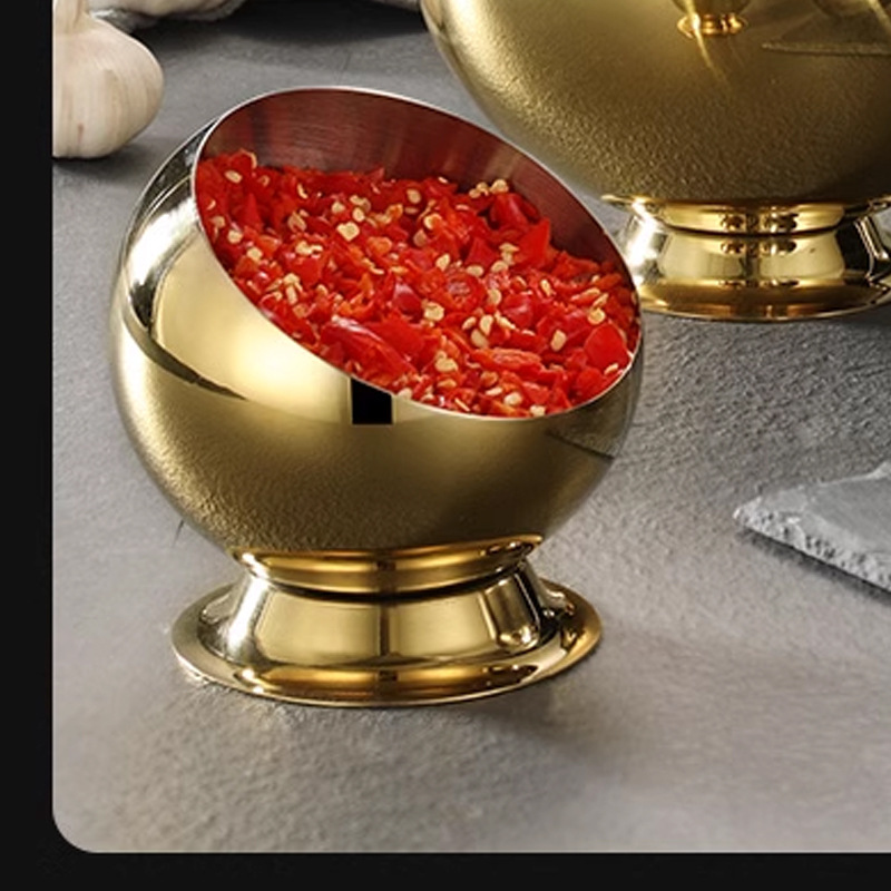 Comercial de acero inoxidable esférico inclinado condimento olla caliente tienda de salsa tazón cubiertos de mesa de lino tazón de salsa al por mayor