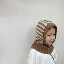儿童帽子秋冬条纹针织帽男女童套头帽冬季宝宝保暖护耳围脖一体帽