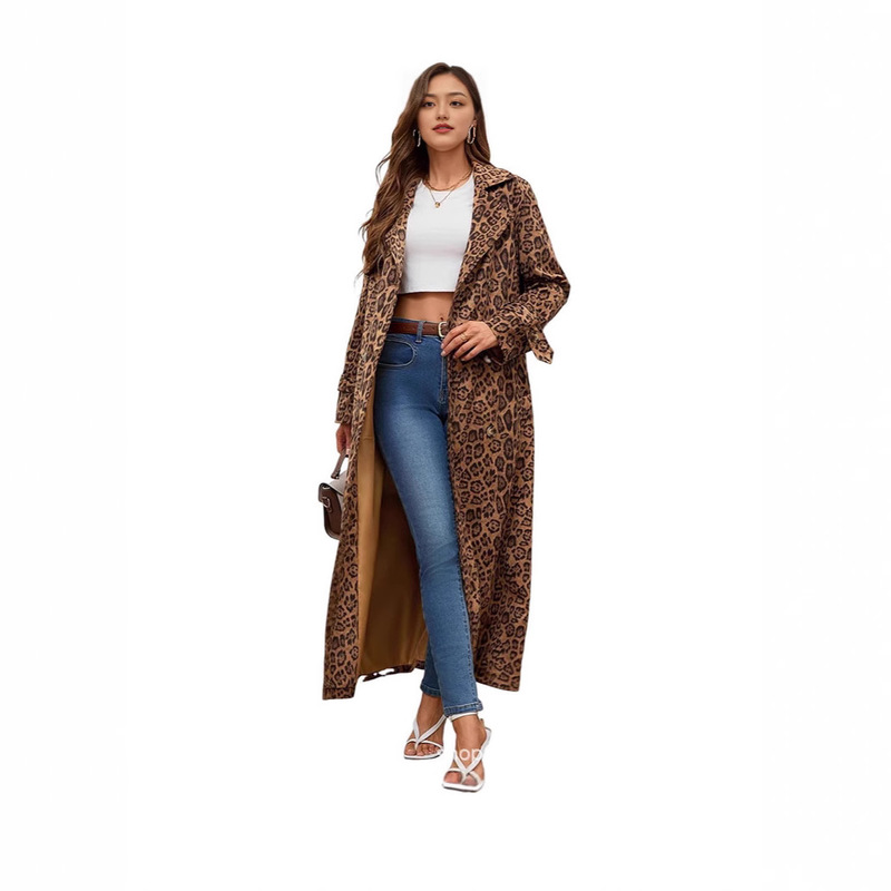 Women's Mid-Length Suede Trench Coat Leopard Print Over-The-Knee Coat Wholesale European and American Fashion