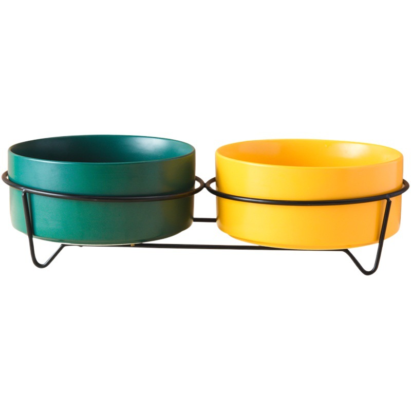 Transfronterizo Amazon Marco de hierro de pierna alta gato tazón de cerámica doble tazón integrado de una pieza tazón para beber antidetonantes suministros para mascotas