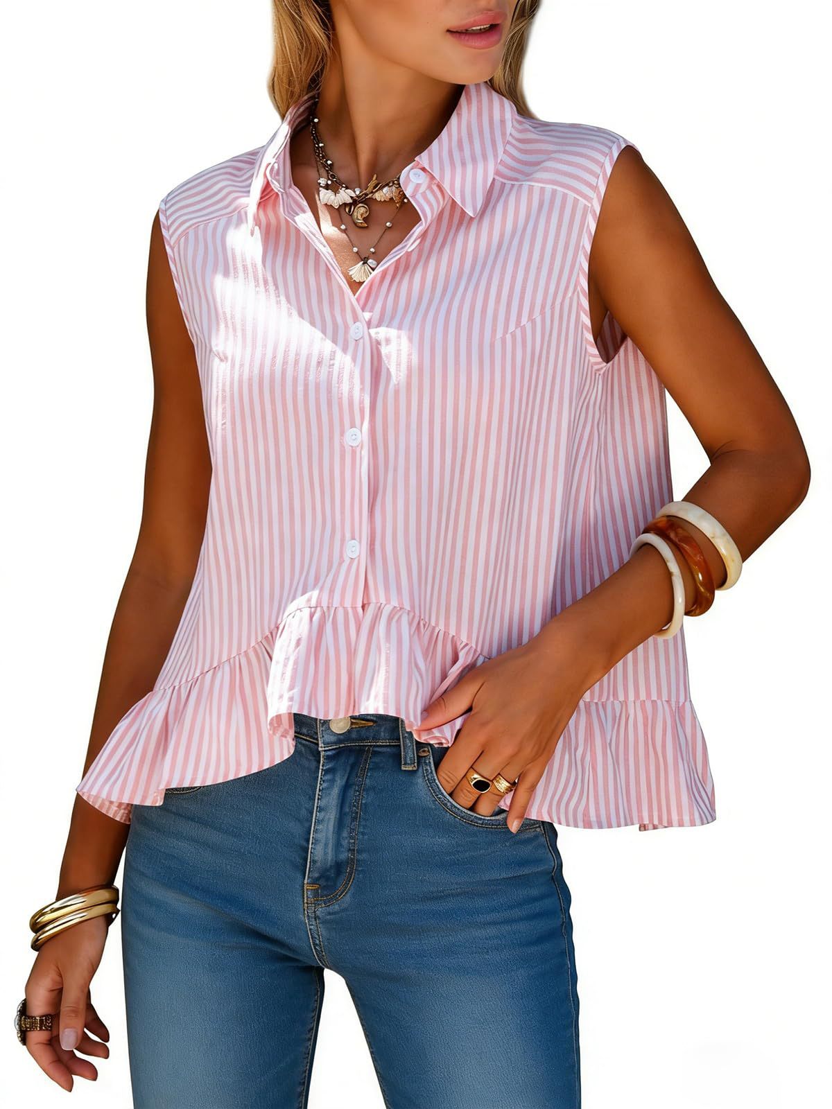 Women's Sleeveless Striped Shirt Casual Button-Up Top Summer Style American Clothing Polyester Blouse_ecoleips.com