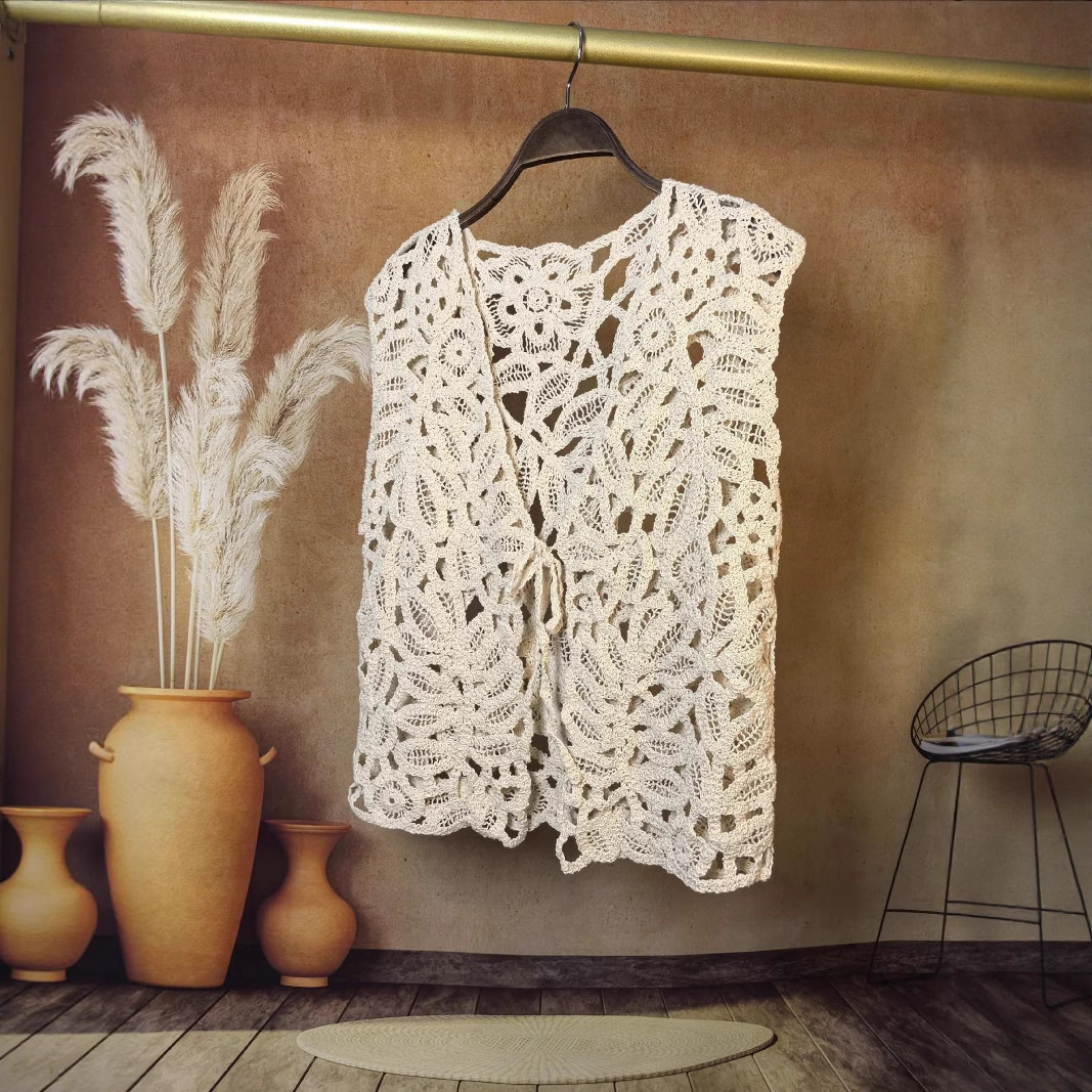 2025 Spring and Summer Vest Vest for Women with Cut Out Embroider Crochet Lace Knitted Vest Cardigan Jacket with Sweet Outerwear