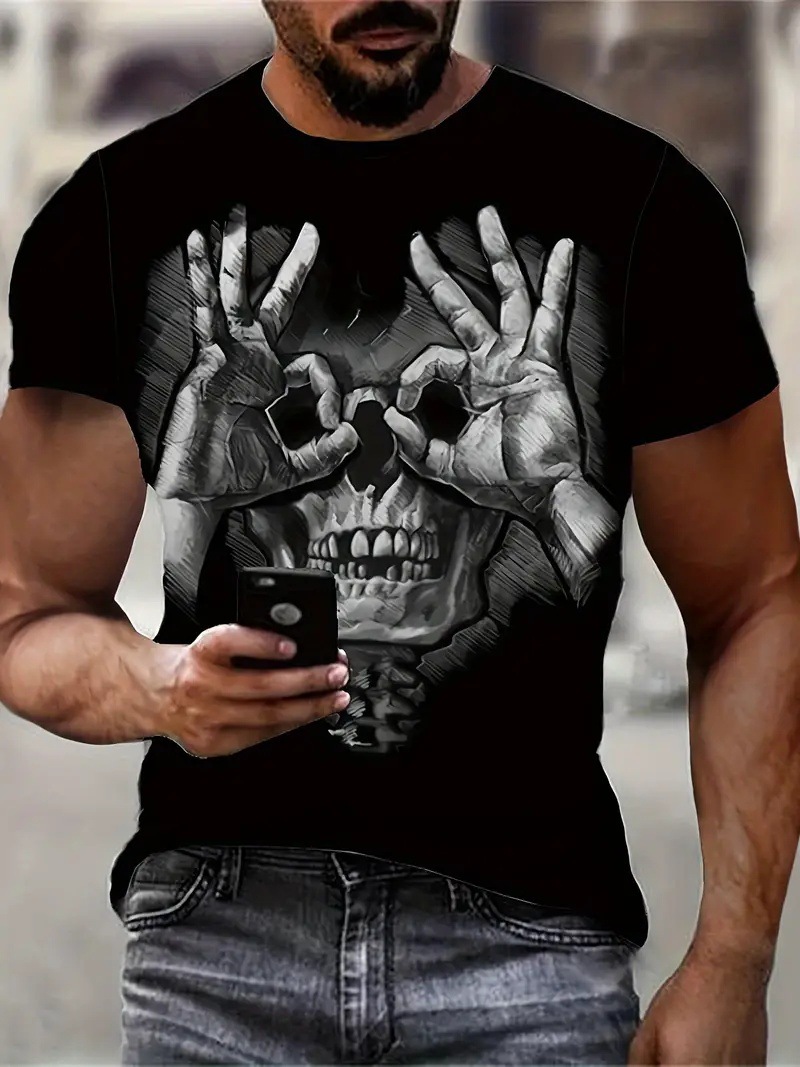 Gestos divertidos y divertidos Skeleton estampado 3D para hombre, malla suelta, manga corta transpirable, camiseta de cuello redondo