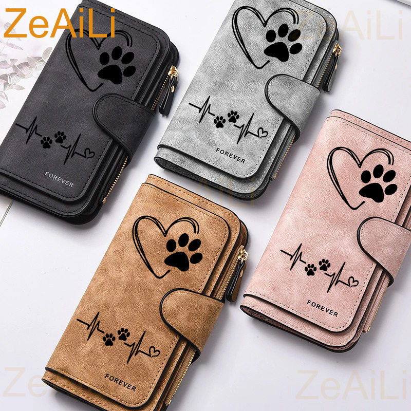 Heart-shaped paw print electrocardiogram long wallet, vintage frosted leather buckle zipper card holder, large capacity coin purse