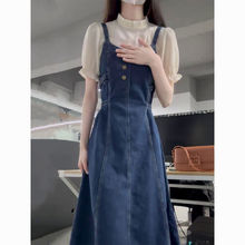奶系穿搭一整套设计感牛仔背带连衣裙女夏季显瘦遮肉减龄两件套装