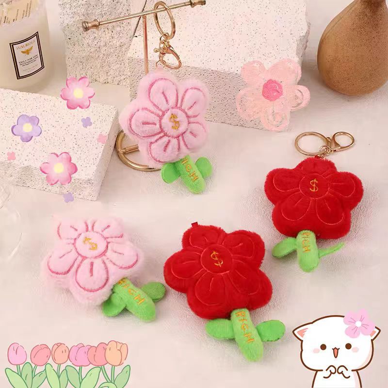 Original Plush Doll Keychain with Big Red Flower Design, Cute Flower Toy for Backpack Decoration