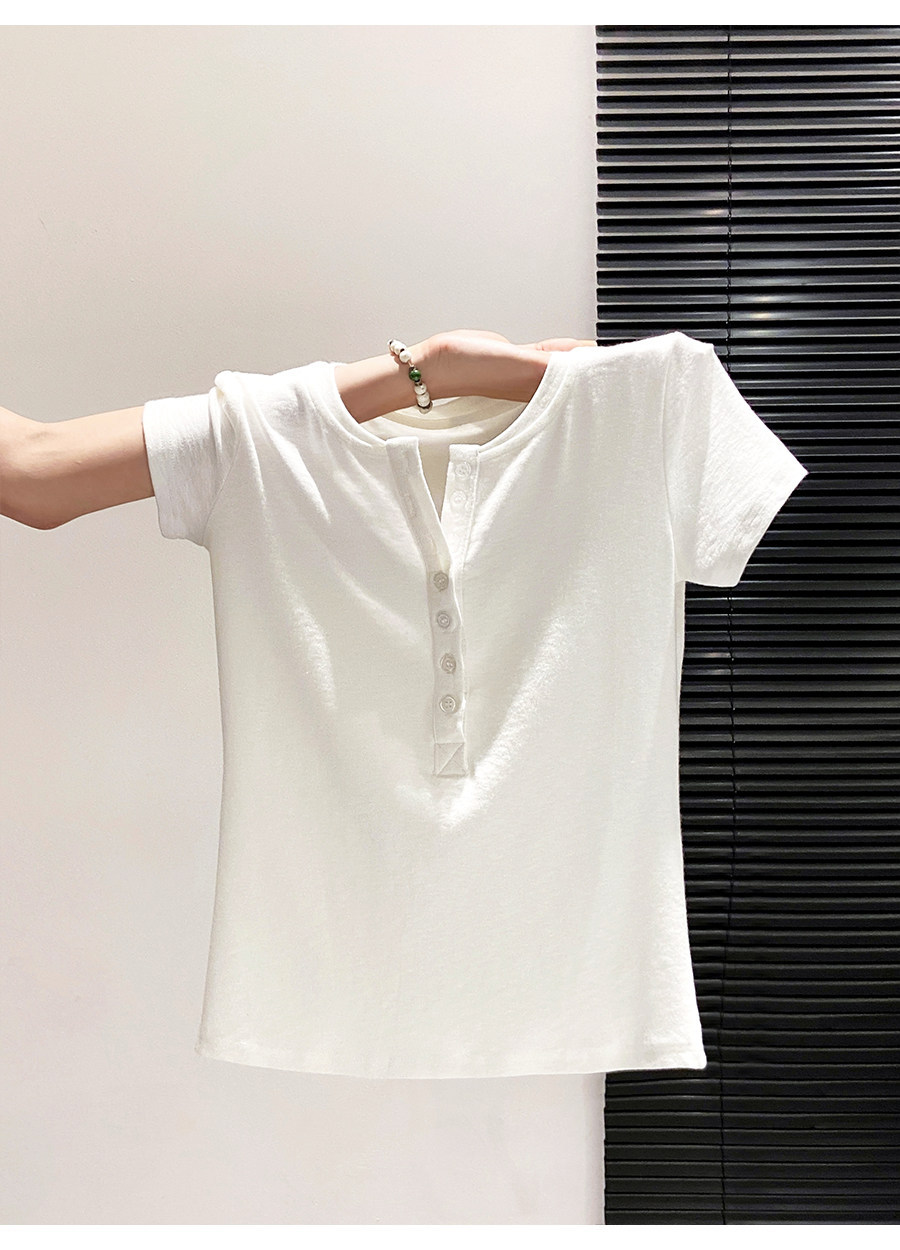 Áo thun nữ cổ bán mở tay ngắn phong cách Hàn Quốc, thiết kế đơn giản tôn dáng — màu đen chi tiết 4
