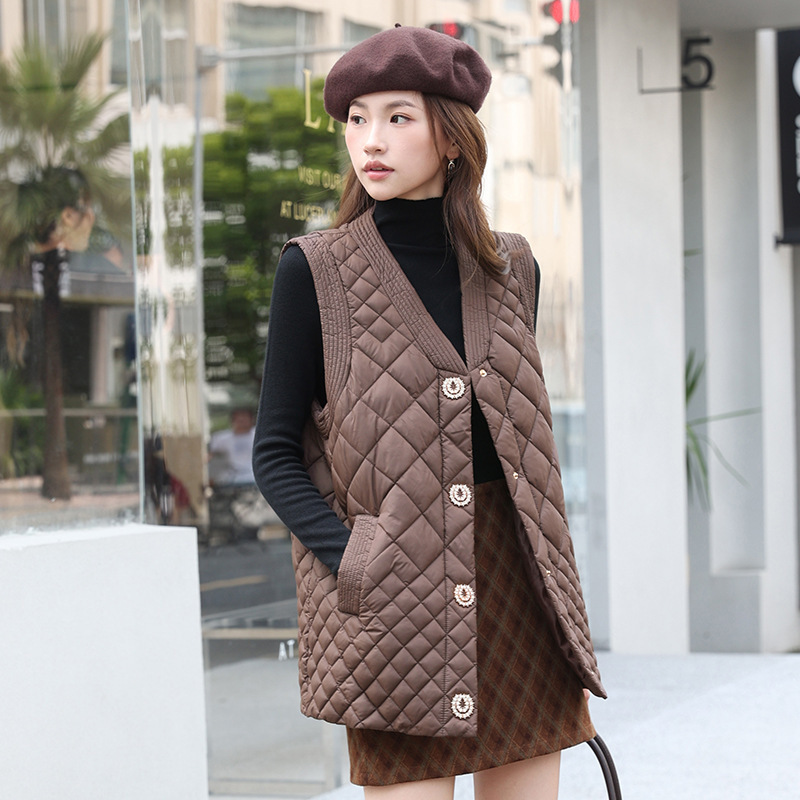 2025 New Autumn and Winter Women's Small Fragrant Style V Neck Loose Mid-Length Vest Quilted Cotton Vest Jacket