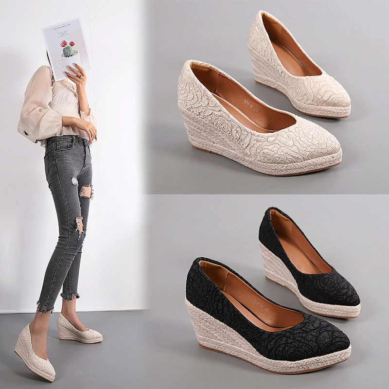 AliExpress, новинка на весну и осень, однослойная обувь на танкетке с толстой подошвой и острым носком, женская Соломенная льняная обувь на высоком каблуке, трансграничная обувь для внешней торговли