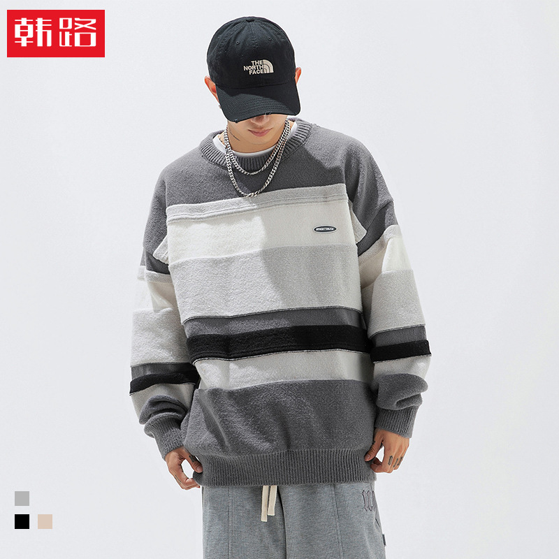 韩路日系男装 复古条纹圆领毛衣男秋冬新款宽松慵懒情侣装针织衫q