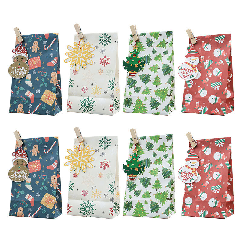 Christmas 4-color square bottom paper bags, food bags, paper bags with clips and hanging tags, kraft paper baking oil-proof packaging bags