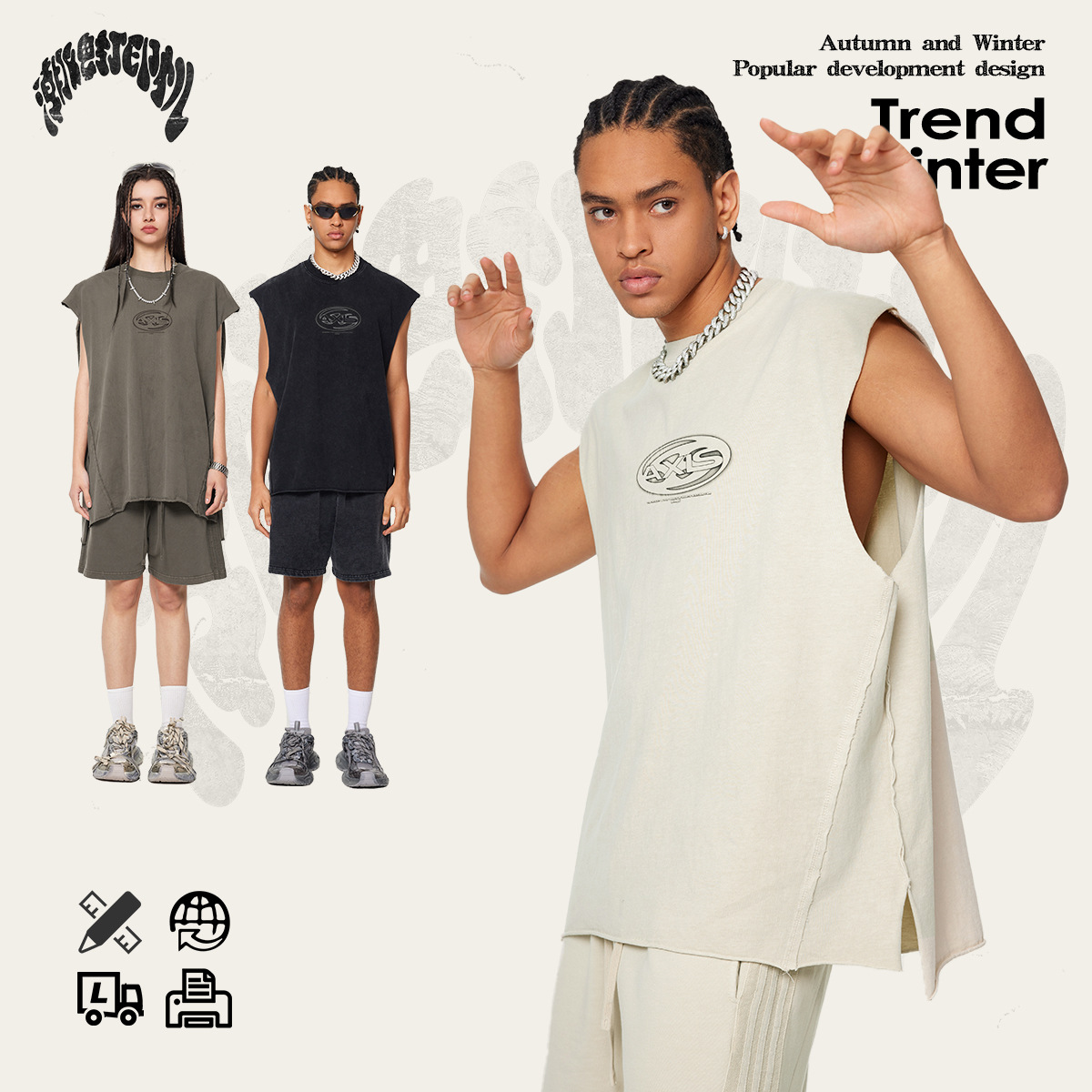 2025 marca de moda americana impresión de bordes sueltos camiseta sin mangas Batik hacer viejo lavado con agua pequeño cuello suelto chaleco de hombro para hombres image 4